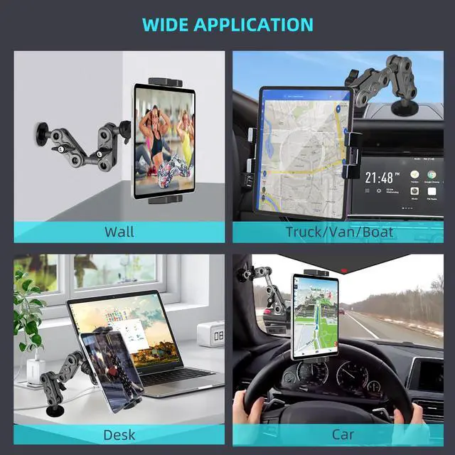 Alt view image 7 of 7 - Aluminum Heavy Duty Drill Base Tablet Holder Car Mount Dashboard, 14.2 Long 360°3-Stage Metal Stand Bracket for 4.7-12.9" iPad Pro/Air/Mini/Galaxy Tab, for Car Auto Truck Wall Desk
