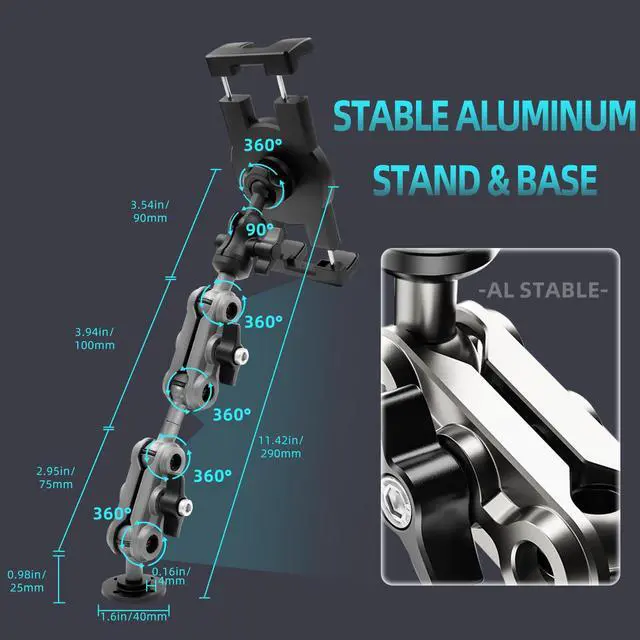 Alt view image 6 of 7 - Aluminum Heavy Duty Drill Base Tablet Holder Car Mount Dashboard, 14.2 Long 360°3-Stage Metal Stand Bracket for 4.7-12.9" iPad Pro/Air/Mini/Galaxy Tab, for Car Auto Truck Wall Desk