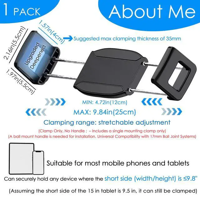 Alt view image 3 of 7 - Enlarge Tablet Clamp With Depth of 40mm/1.57", Depth Mount Clips for Thick Case, Deepen Tablet Stand Holder Fit 17mm Ball Joint, for Most Tablets & Phones & More Ultra-Thick Device (Upgraded-1)