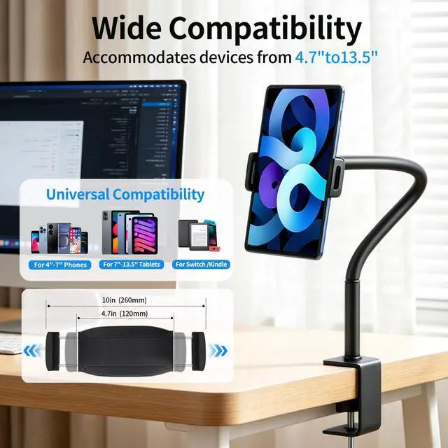 Alt view image 3 of 7 - Tablet Stand Holder for Desk, Gooseneck iPad Holder Clamp Mount, 360° Adjustable Arm Mount for iPad mini/Air/ProKindle Fire, Galaxy Tabs, All 4.7"-13.5" Tablets, for Work Meetings, Video, Kitchen