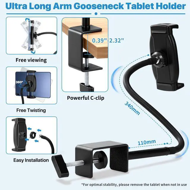 Alt view image 6 of 7 - Tablet Stand Holder for Desk, Gooseneck iPad Holder Clamp Mount, 360° Adjustable Arm Mount for iPad mini/Air/ProKindle Fire, Galaxy Tabs, All 4.7"-13.5" Tablets, for Work Meetings, Video, Kitchen