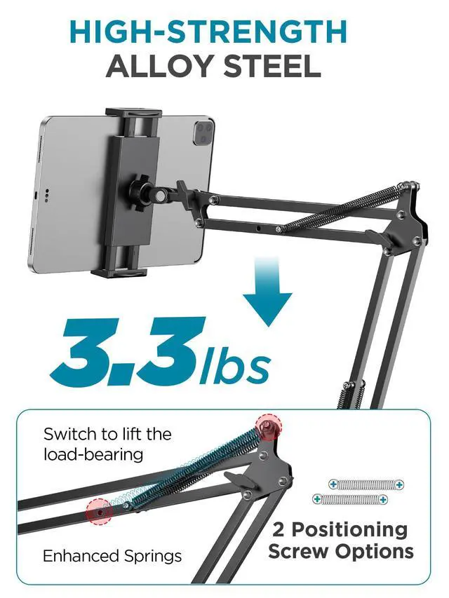 Alt view image 2 of 5 - Tablet Holder for Bed, Overhead Tablet Stand Phone Holder Tablet Mount for Desk 2 Clamps with Swivel Ball Head for iPad Kindle Switch Graphics Tablets 4-13" Devices