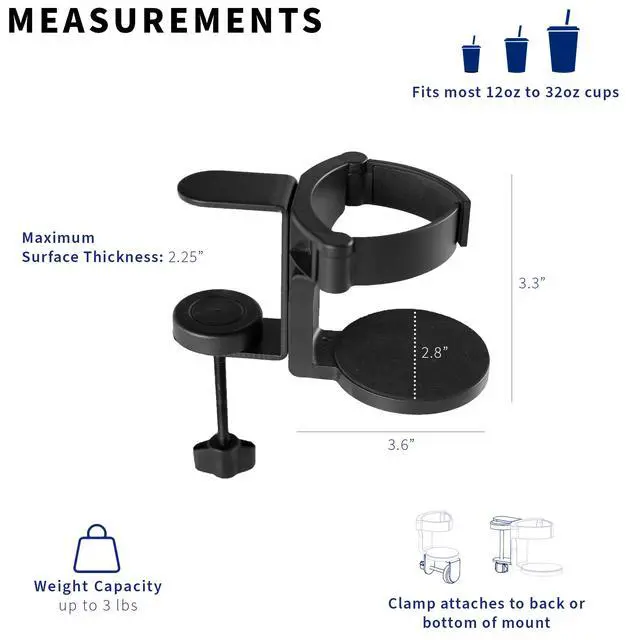 Alt view image 3 of 7 - Clamp-on Desk and Bed Cup Holder, No Spill Adjustable Drink Mount, Support for Hydro Flasks, Coffee Mugs, Easy to Install, Horizontal or Vertical Surface Mounting, Black, Mount-CUP1