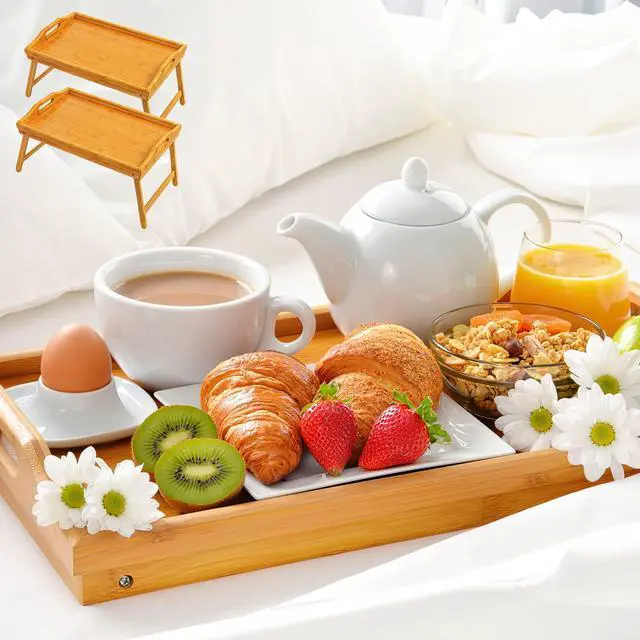 Alt view image 2 of 7 - 2 Pack Bed Tray Table Breakfast Trays Serving Bamboo Laptap with Floding Legs Handles and Phone Holders