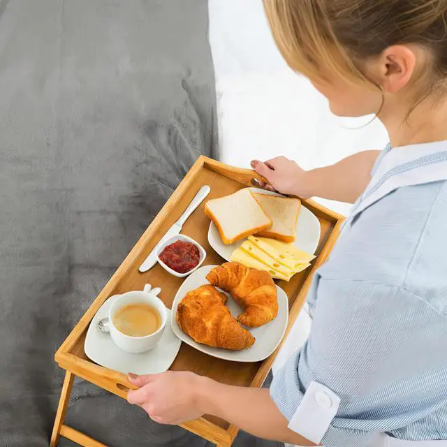 Alt view image 4 of 7 - 2 Pack Bed Tray Table Breakfast Trays Serving Bamboo Laptap with Floding Legs Handles and Phone Holders