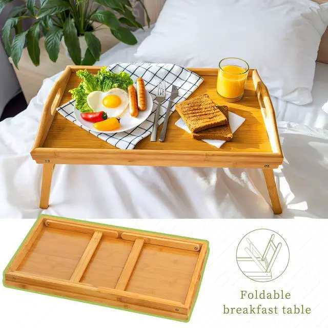 Alt view image 5 of 7 - 2 Pack Bed Tray Table Breakfast Trays Serving Bamboo Laptap with Floding Legs Handles and Phone Holders