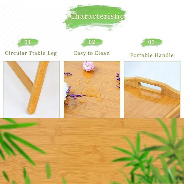 Alt view image 6 of 7 - 2 Pack Bed Tray Table Breakfast Trays Serving Bamboo Laptap with Floding Legs Handles and Phone Holders