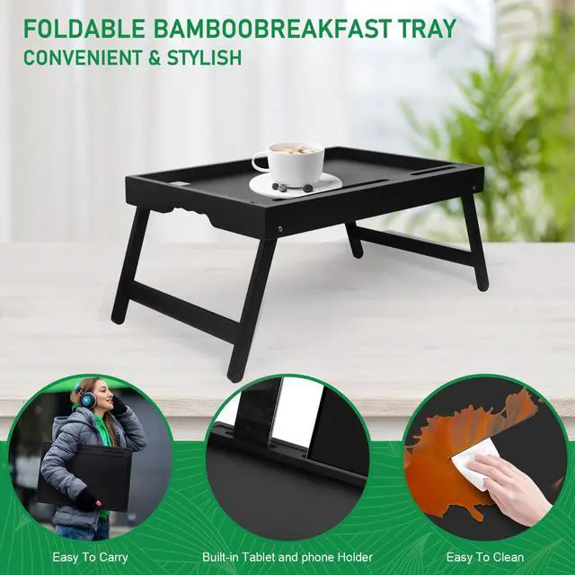 Alt view image 3 of 7 - Bamboo Bed Tray Table with Device Slot, Folding Legs, Large, Black