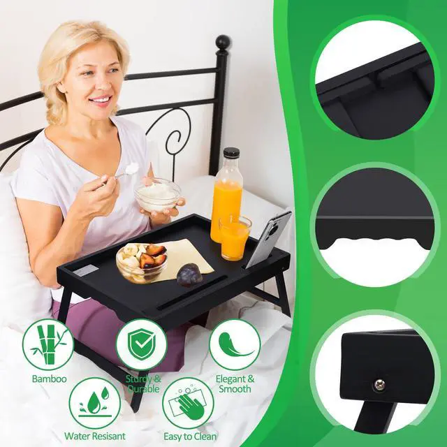 Alt view image 4 of 7 - Bamboo Bed Tray Table with Device Slot, Folding Legs, Large, Black