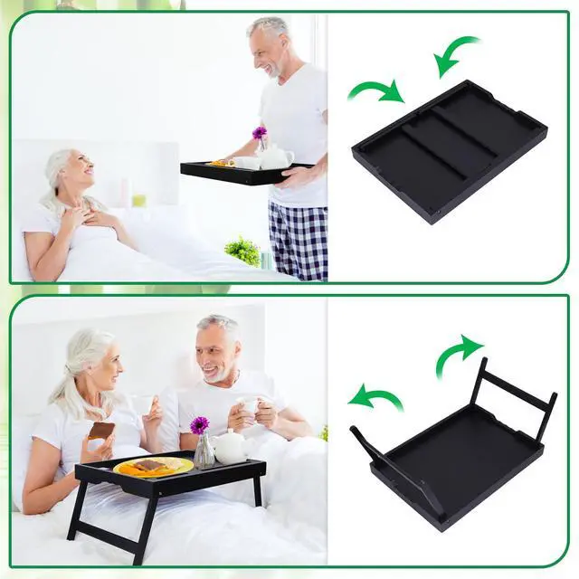 Alt view image 2 of 7 - Bamboo Bed Tray Table with Device Slot, Folding Legs, Large, Black