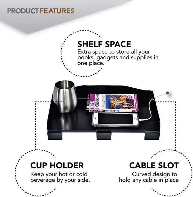 Alt view image 3 of 7 - Bedside Shelf for Bed, College Dorm Room, Bunk Bed Shelf/Caddy for Top Bunk, Clip On Nightstand Tray with Cord and Cup Holder for Table Storage (Black)
