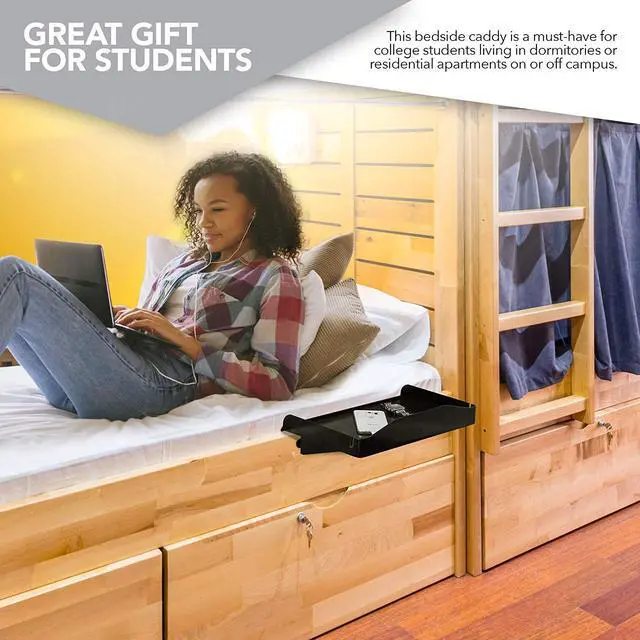 Alt view image 5 of 7 - Bedside Shelf for Bed, College Dorm Room, Bunk Bed Shelf/Caddy for Top Bunk, Clip On Nightstand Tray with Cord and Cup Holder for Table Storage (Black)