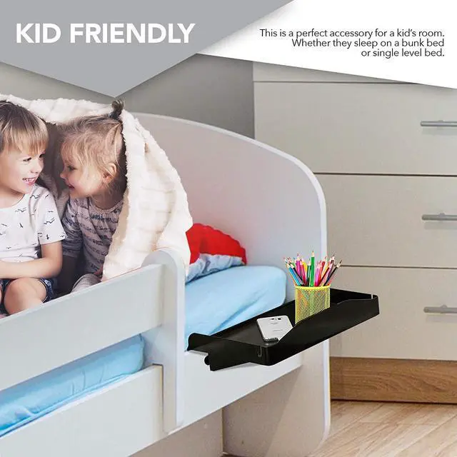 Alt view image 6 of 7 - Bedside Shelf for Bed, College Dorm Room, Bunk Bed Shelf/Caddy for Top Bunk, Clip On Nightstand Tray with Cord and Cup Holder for Table Storage (Black)