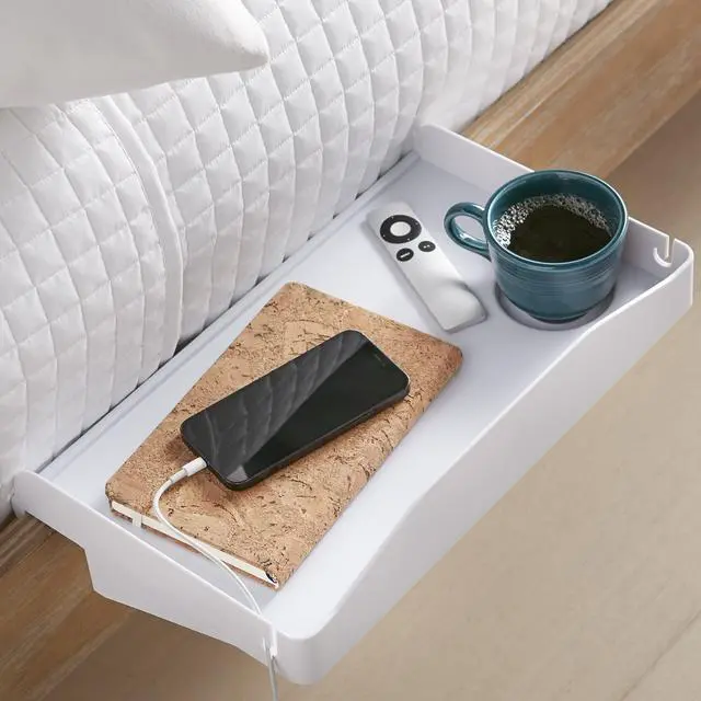 Main image of Bedside Shelf for Bed, College Dorm Room, Bunk Bed Shelf/Caddy for Top Bunk, Clip On Nightstand Tray with Cord and Cup Holder for Table Storage (White)