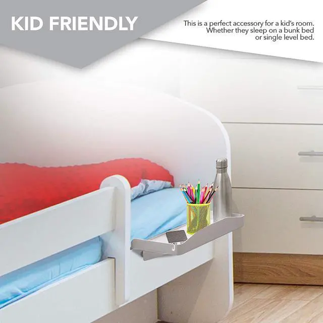 Alt view image 6 of 7 - Bedside Shelf for Bed, College Dorm Room, Bunk Bed Shelf/Caddy for Top Bunk, Clip On Nightstand Tray with Cord and Cup Holder for Table Storage (White)
