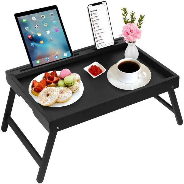 Main image of Bamboo Bed Tray Table with Device Slot, Folding Legs, Large, Black