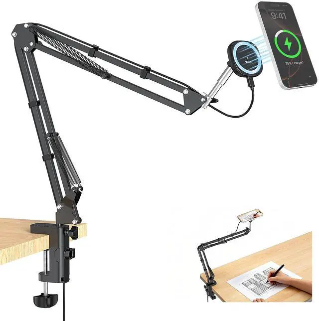 Main image of Magnetic Wireless Charger Phone Holder for Bed Desk, Flexible Articulating Table Mount, Overhead Stand Compatible with iPhone 17/16/15/14, Great for Video Recording, Zoom Meeting, Live Streaming