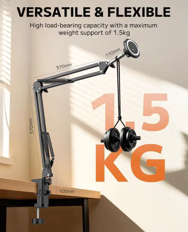 Alt view image 3 of 7 - Magnetic Wireless Charger Phone Holder for Bed Desk, Flexible Articulating Table Mount, Overhead Stand Compatible with iPhone 17/16/15/14, Great for Video Recording, Zoom Meeting, Live Streaming