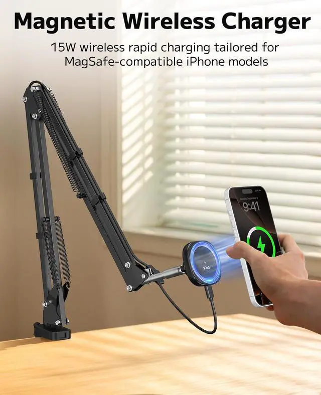 Alt view image 5 of 7 - Magnetic Wireless Charger Phone Holder for Bed Desk, Flexible Articulating Table Mount, Overhead Stand Compatible with iPhone 17/16/15/14, Great for Video Recording, Zoom Meeting, Live Streaming
