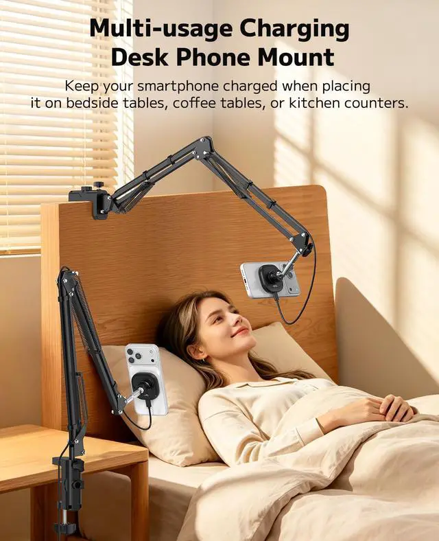 Alt view image 6 of 7 - Magnetic Wireless Charger Phone Holder for Bed Desk, Flexible Articulating Table Mount, Overhead Stand Compatible with iPhone 17/16/15/14, Great for Video Recording, Zoom Meeting, Live Streaming