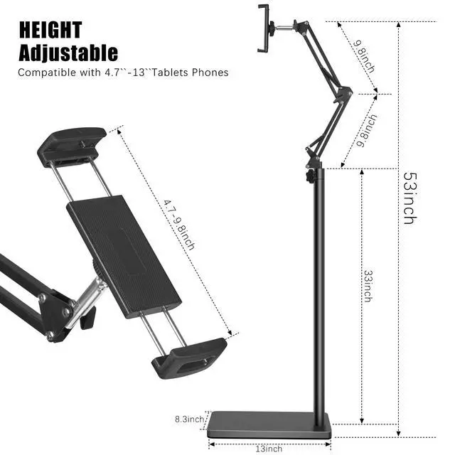 Alt view image 7 of 7 - Tablet Floor Stand with Double Heavy Duty Stable Base Never Tip Over, Adjustable Height Swivel Overhead Bed Tablet Phone Stand Holder for iPad, Kindle, Galaxy Tab, Cell Phones(4.7''-13'')