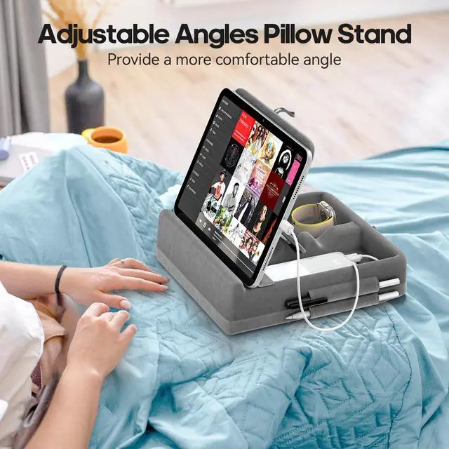 Alt view image 2 of 7 - Tablet Pillow Stand with Storage, Foldable iPad Holder for Bed, Lap and Desk, Angle Adjustable Soft Pad Dock with Stylus Mount Compatible with Ipad Pro 12.9, 10.5, 11, Air, Mini, Phones, Books