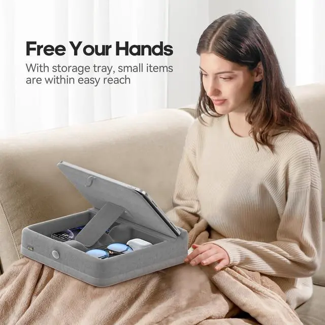 Alt view image 3 of 7 - Tablet Pillow Stand with Storage, Foldable iPad Holder for Bed, Lap and Desk, Angle Adjustable Soft Pad Dock with Stylus Mount Compatible with Ipad Pro 12.9, 10.5, 11, Air, Mini, Phones, Books
