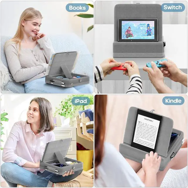 Alt view image 7 of 7 - Tablet Pillow Stand with Storage, Foldable iPad Holder for Bed, Lap and Desk, Angle Adjustable Soft Pad Dock with Stylus Mount Compatible with Ipad Pro 12.9, 10.5, 11, Air, Mini, Phones, Books