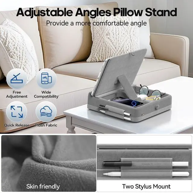 Alt view image 4 of 7 - Tablet Pillow Stand with Storage, Foldable iPad Holder for Bed, Lap and Desk, Angle Adjustable Soft Pad Dock with Stylus Mount Compatible with Ipad Pro 12.9, 10.5, 11, Air, Mini, Phones, Books