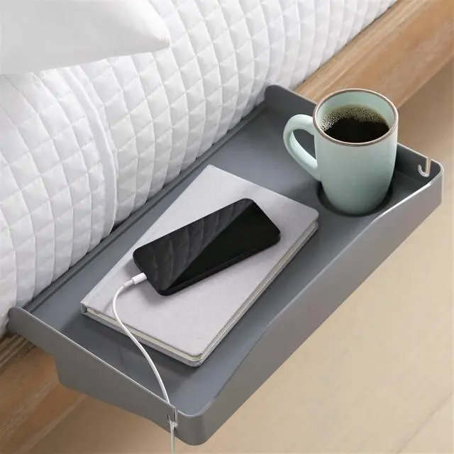 Main image of Bedside Shelf for Bed, College Dorm Room, Bunk Bed Shelf for Top Bunk, Clip On Nightstand Tray with Cord and Cup Holder, Bunkbed Caddy for Table Storage (Dark Gray)