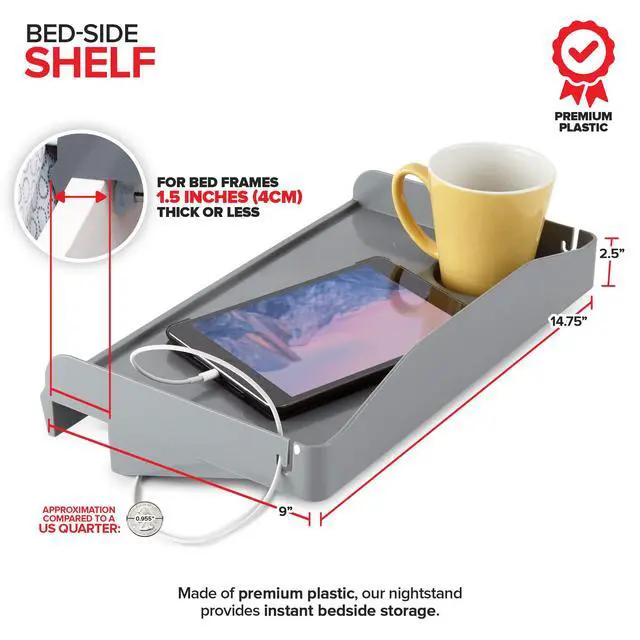 Alt view image 2 of 7 - Bedside Shelf for Bed, College Dorm Room, Bunk Bed Shelf for Top Bunk, Clip On Nightstand Tray with Cord and Cup Holder, Bunkbed Caddy for Table Storage (Dark Gray)