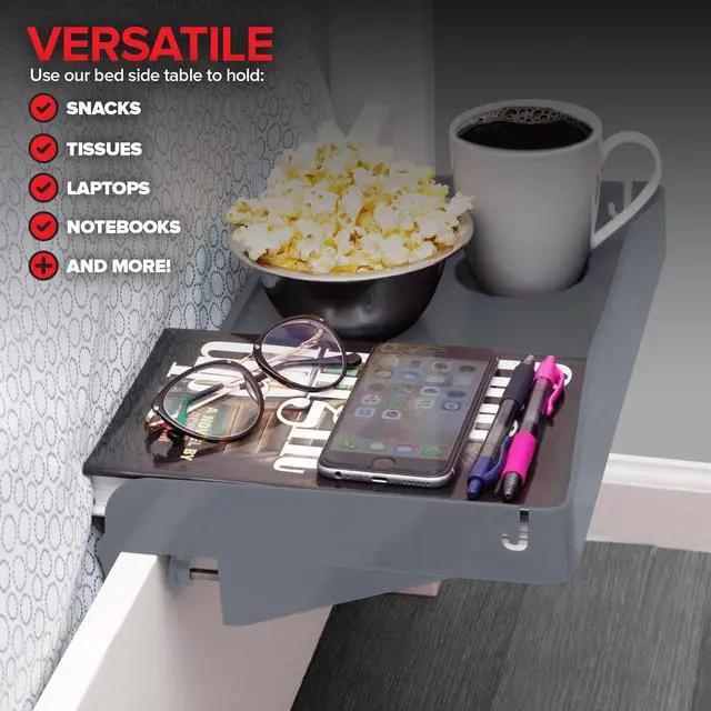 Alt view image 7 of 7 - Bedside Shelf for Bed, College Dorm Room, Bunk Bed Shelf for Top Bunk, Clip On Nightstand Tray with Cord and Cup Holder, Bunkbed Caddy for Table Storage (Dark Gray)