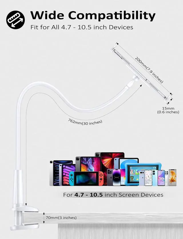 Alt view image 5 of 6 - Gooseneck Tablet Holder Stand for Bed Adjustable Flexible Arm Tablets Mount Clamp on Table Compatible with iPad Air Mini | Galaxy Tabs | Kindle Fire | Switch or Other 4.7-10.5" Devices