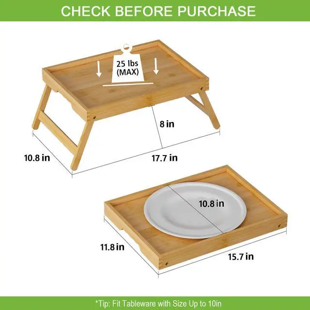 Alt view image 3 of 7 - Bed Tray Table with Folding Legs,Bamboo Breakfast in Bed for Kitchen Serving Tray,Sofa