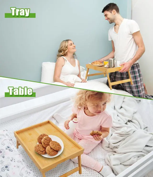 Alt view image 7 of 7 - Bed Tray Table with Folding Legs,Bamboo Breakfast in Bed for Kitchen Serving Tray,Sofa