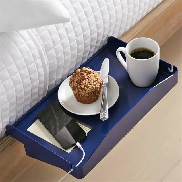 Main image of Bedside Shelf for Bed, College Dorm Room, Bunk Bed Shelf for Top Bunk, Clip On Nightstand Tray with Cord and Cup Holder, Bunkbed Caddy for Table Storage (Navy)