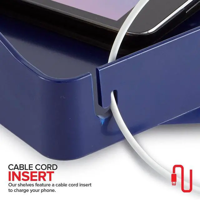 Alt view image 4 of 7 - Bedside Shelf for Bed, College Dorm Room, Bunk Bed Shelf for Top Bunk, Clip On Nightstand Tray with Cord and Cup Holder, Bunkbed Caddy for Table Storage (Navy)