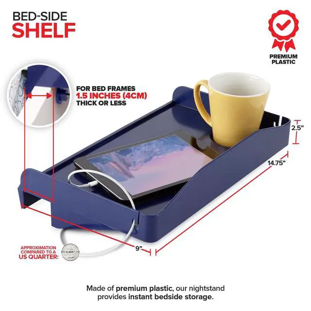 Alt view image 2 of 7 - Bedside Shelf for Bed, College Dorm Room, Bunk Bed Shelf for Top Bunk, Clip On Nightstand Tray with Cord and Cup Holder, Bunkbed Caddy for Table Storage (Navy)