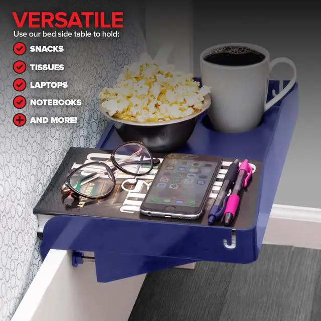 Alt view image 7 of 7 - Bedside Shelf for Bed, College Dorm Room, Bunk Bed Shelf for Top Bunk, Clip On Nightstand Tray with Cord and Cup Holder, Bunkbed Caddy for Table Storage (Navy)