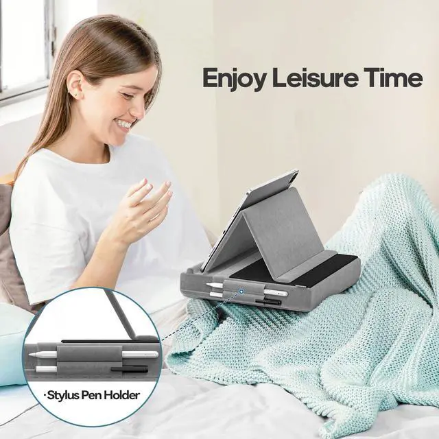 Alt view image 3 of 7 - Tablet Pillow Stand, Multi-Angle Viewing Ipad Holder for Lap, Bed and Desk, Foldable Soft Pad Dock with Stylus Mount Compatible with Ipad Pro 12.9, 10.5, 11, Air, Mini, Phones, Books, E-Reader