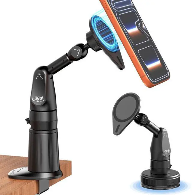 Main image of 2 in 1 Magnetic Phone Holder Desk Mount, Cell Phone Clamp Clip for Pole Desk, Magnetic Phone Stand with Suction Cup, Compatible for iPhone 17 16,15, 14, 13 12 Pro/Max Samsung Galaxy, Google