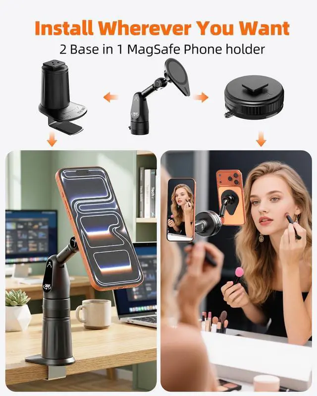 Alt view image 2 of 7 - 2 in 1 Magnetic Phone Holder Desk Mount, Cell Phone Clamp Clip for Pole Desk, Magnetic Phone Stand with Suction Cup, Compatible for iPhone 17 16,15, 14, 13 12 Pro/Max Samsung Galaxy, Google