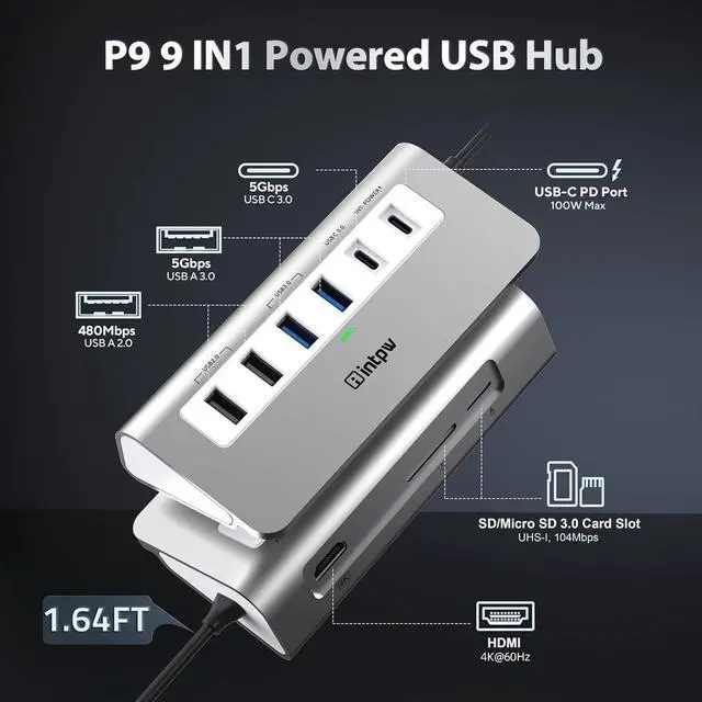 Alt view image 2 of 7 - USB C Hub, P9 USB C Hub Multiport Adapter with 4K@60Hz HDMI, PD 100W, Type-C & 2 USB A 3.0 5Gbps, 2 USB A 2.0, SD/TF Card Reader, Aluminum USB Hub for Laptop, iPhone 17 Series, MacBook, iPad