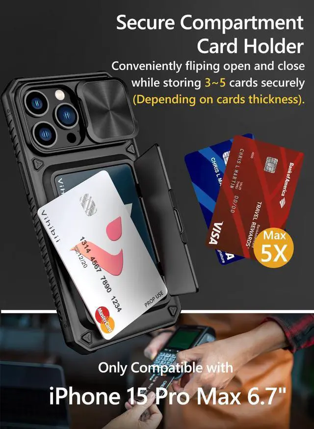 Alt view image 2 of 7 - for iPhone 15 Pro Max Case with Card Holder (4 Cards) & Slide Camera Cover & Kickstand, Military Grade Drop Protection, Rugged Hard Back & Silicone Edge Wallet Phone Case, 6.7" 2023, Black