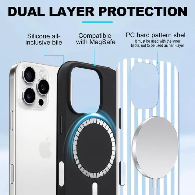 Alt view image 3 of 7 - Magnetic for iPhone 15 Case Cute Stripes Phone Case, Blue&White