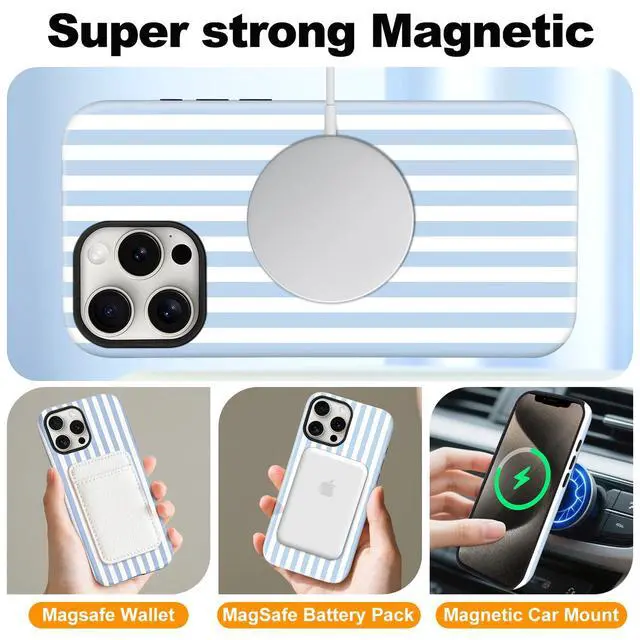 Alt view image 4 of 7 - Magnetic for iPhone 15 Case Cute Stripes Phone Case, Blue&White