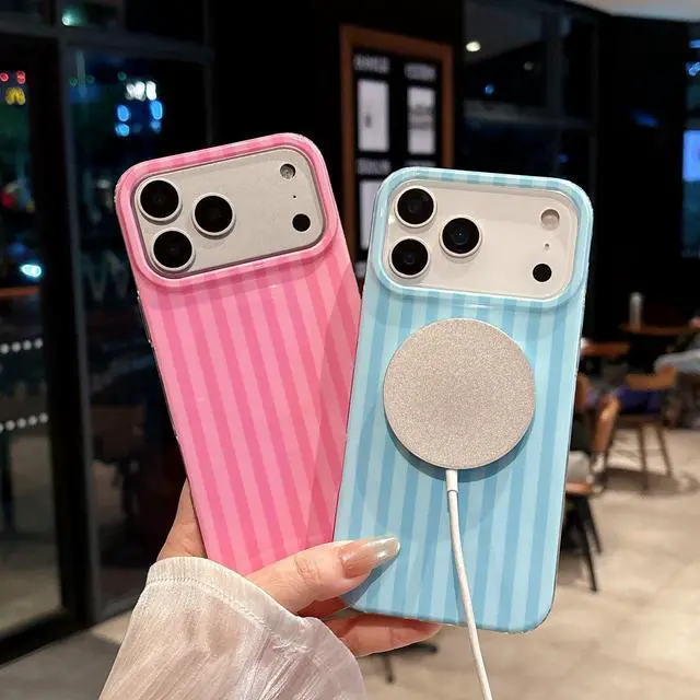 Alt view image 4 of 7 - Magnetic for iPhone 17 Pro Max Case Striped Phone Cases Cute Women Girly Trendy Shockproof Slim Soft TPU Hard PC Protective