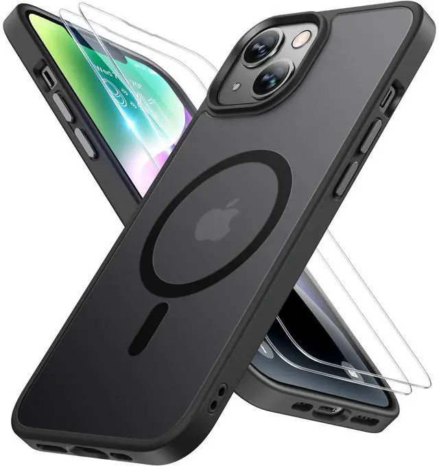 Main image of Magnetic for iPhone 14 Case 6.1 inch (Compatible with MagSafe)with 2X Screen Protectors Military-Grade Protection, Anti-Fingerprint Translucent Matte Phone Case Cover, Black