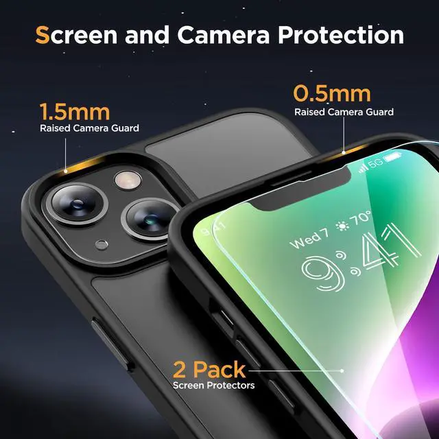 Alt view image 6 of 7 - Magnetic for iPhone 14 Case 6.1 inch (Compatible with MagSafe)with 2X Screen Protectors Military-Grade Protection, Anti-Fingerprint Translucent Matte Phone Case Cover, Black
