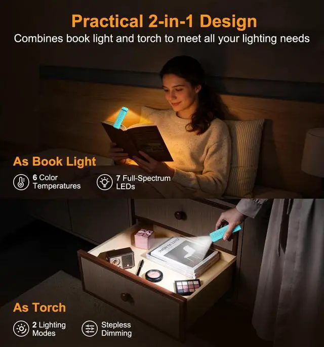 Alt view image 2 of 7 - 2026 Gen 2 Rechargeable Book Light,2-in-1 Reading Light & Flashlight